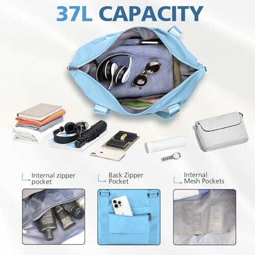 Light blue bag with 37L capacity showing internal pockets and items like headphones, books, and wallet.