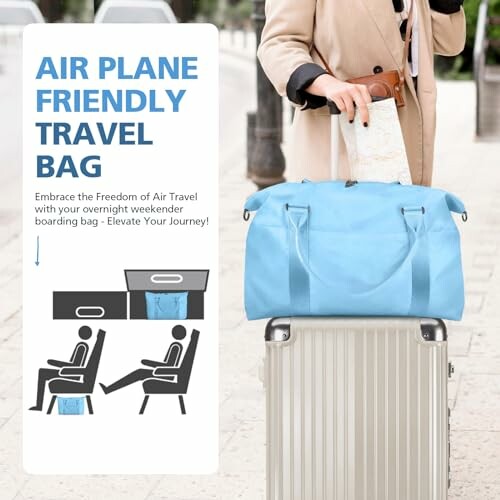 Person with blue travel bag on suitcase, airplane-friendly design.