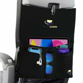 Airplane seat back organizer with pockets for gadgets and accessories.