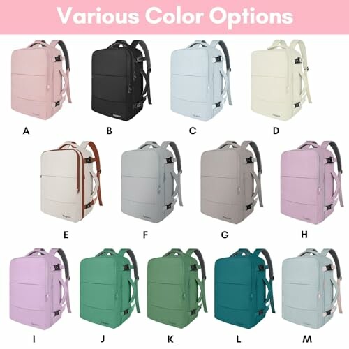 Backpacks in various colors and styles labeled A to M.