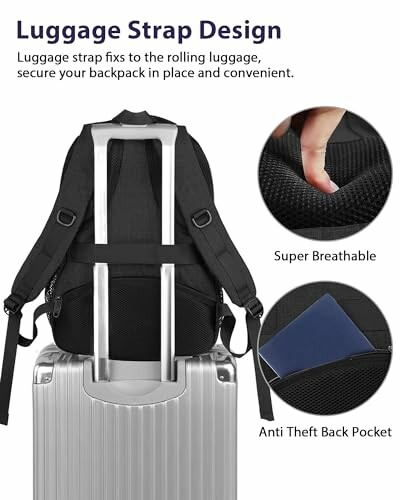 Backpack with luggage strap on suitcase, showing features like super breathable material and anti-theft back pocket.