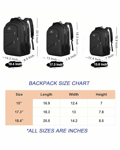 Backpack size chart showing three backpacks with dimensions.