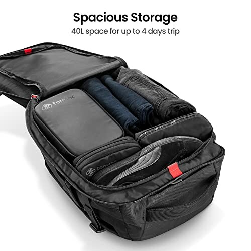 Open backpack with spacious storage for packing clothes and essentials, labeled as 40L space for up to 4 days trip.