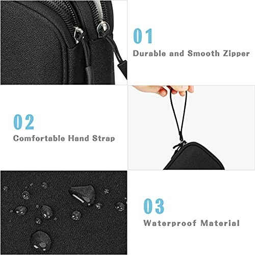 Bag with durable zipper, hand strap, and waterproof material.