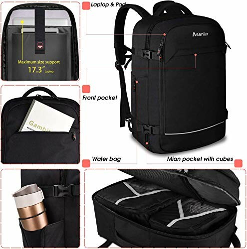 Black laptop backpack showcasing multiple compartments including a laptop pocket and water bottle holder.