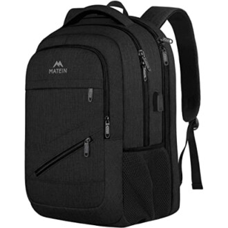 Black laptop backpack with multiple compartments and side pocket.