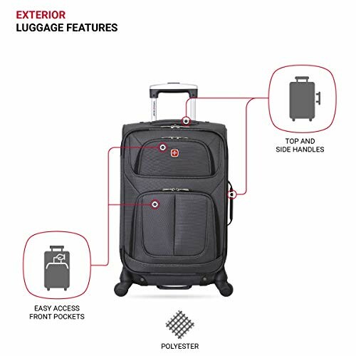 Black polyester luggage with top and side handles, easy access front pockets.