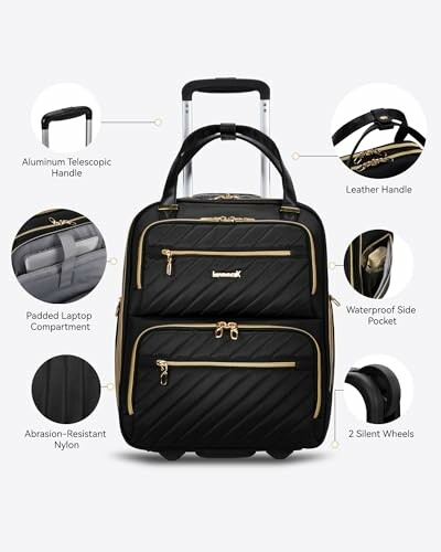 Black rolling laptop bag with telescopic handle and multiple pockets.