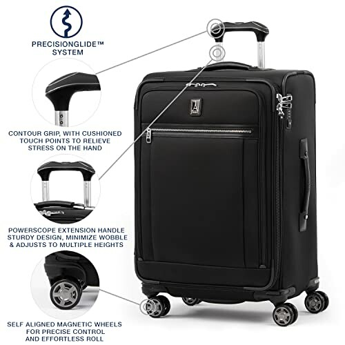 Black spinner luggage with features including cushioned grip, adjustable handle, and magnetic wheels.