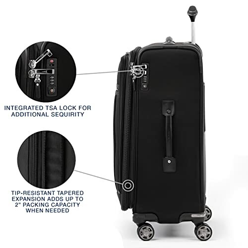 Black suitcase with TSA lock and expansion feature.