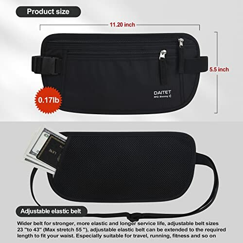 Black waist bag with dimensions and adjustable belt.