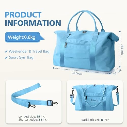 Blue travel and gym bag with product dimensions and features.