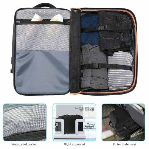 Open carry-on backpack with clothes and toiletries, featuring waterproof pocket and under-seat fit.