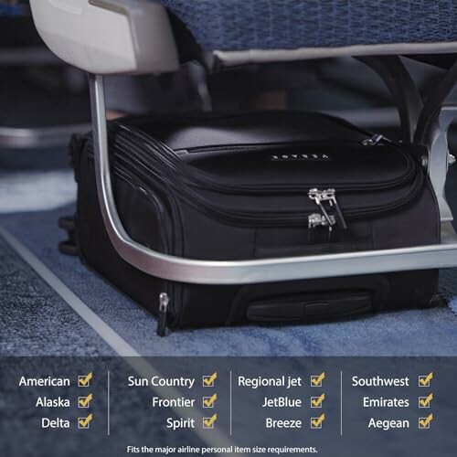 Carry-on bag under airplane seat with airline compatibility list.