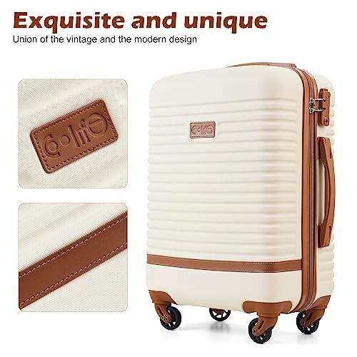 Cream vintage-style suitcase with brown accents and wheels.