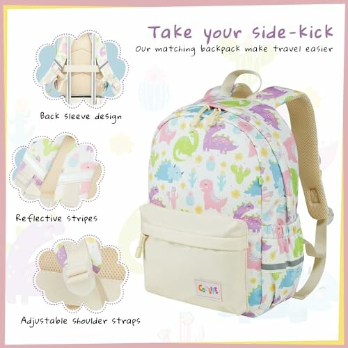 Colorful dinosaur pattern backpack with features like back sleeve design, reflective stripes, and adjustable shoulder straps.