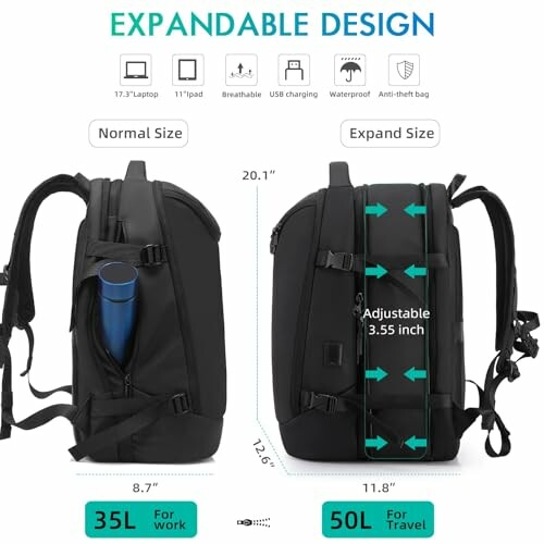 Expandable backpack with size comparison and features.