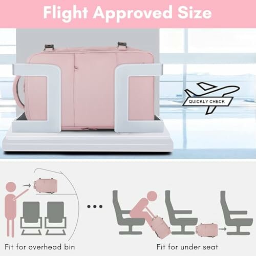 Pink bag demonstrating flight-approved size for overhead bin and under seat storage.