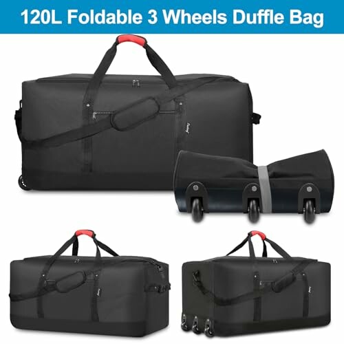 120L foldable 3-wheel duffle bag in black with red handle