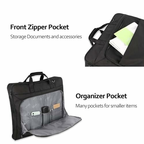 Garment bag with front zipper and organizer pockets for documents and accessories.