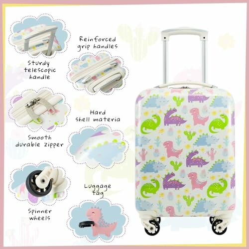 Colorful dinosaur-themed kids' suitcase with features highlighted.