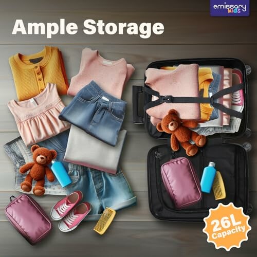 Children's luggage with clothes, toys, and essentials showing ample storage capacity.