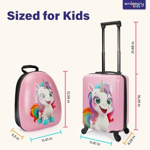 Two kids' unicorn-themed suitcases with dimensions.