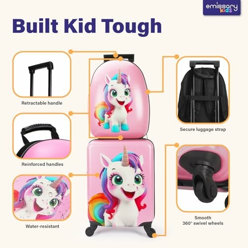 Pink kids suitcase with unicorn design, featuring retractable handle, reinforced handles, secure strap, and swivel wheels.