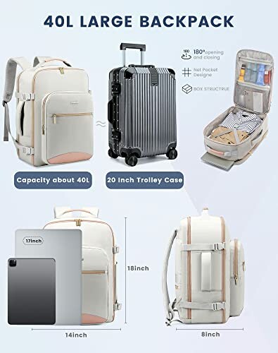 40L large backpack with trolley case, dimensions and features displayed.