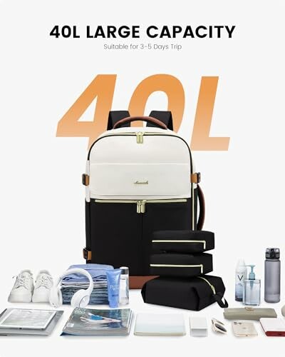 40L large capacity backpack with travel essentials displayed.