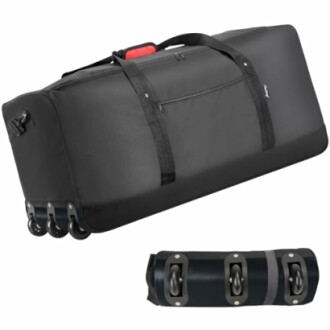 Large black wheeled duffel bag with multiple handles and pocket.