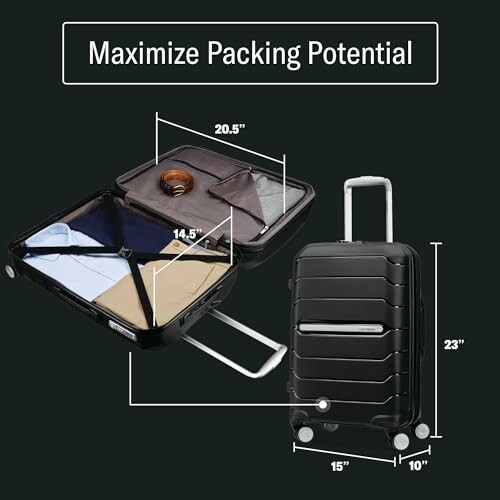 Open and closed suitcase showing packing potential with dimensions.