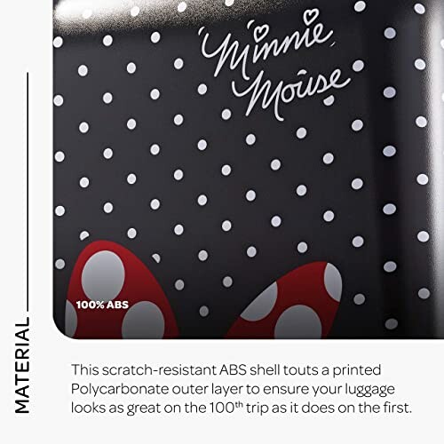 Polka dot luggage with Minnie Mouse design and ABS material description.