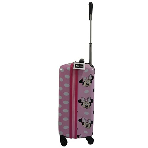 Pink Minnie Mouse suitcase with polka dots and wheels.