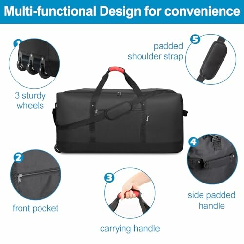 Large black travel bag with wheels, shoulder strap, front pocket, side handle, and carrying handle.