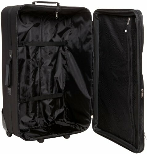 Open black suitcase with compartments and wheels