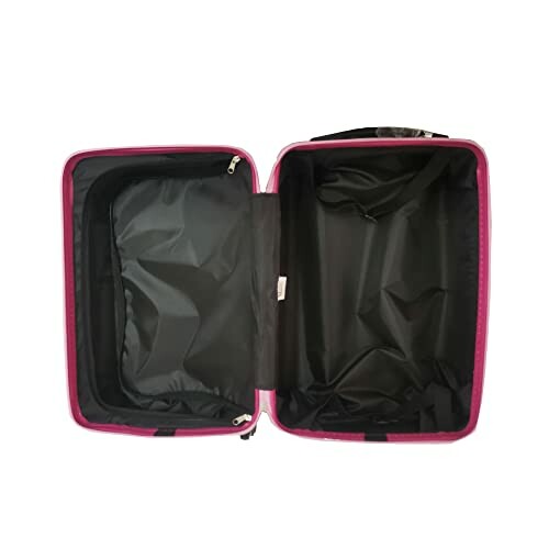 Open empty pink suitcase with black interior