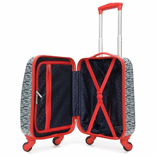 Open red luggage with telescopic handle and wheels