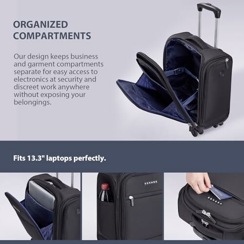 Luggage with organized compartments for easy access.