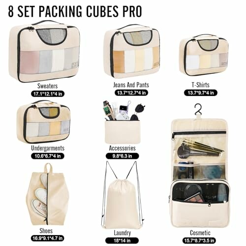 Set of 8 packing cubes for organized travel, including bags for sweaters, jeans, t-shirts, undergarments, shoes, accessories, laundry, and cosmetics.