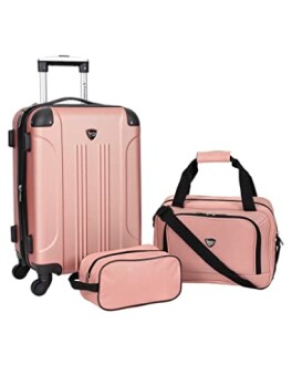 Three-piece pink luggage set with suitcase, shoulder bag, and toiletry case.