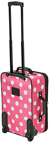 Pink suitcase with white polka dots and wheels