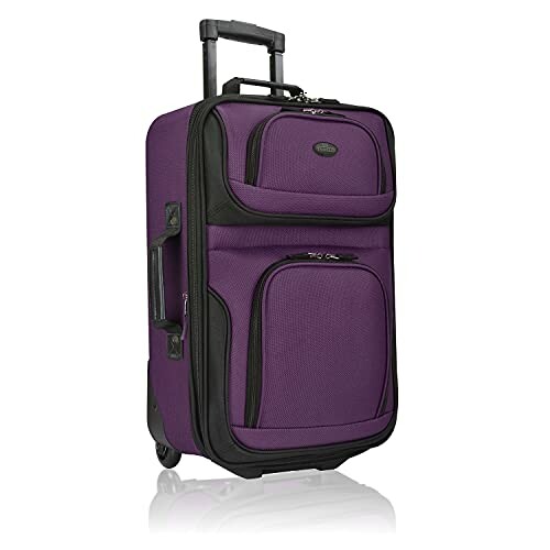 Purple rolling suitcase with front pockets