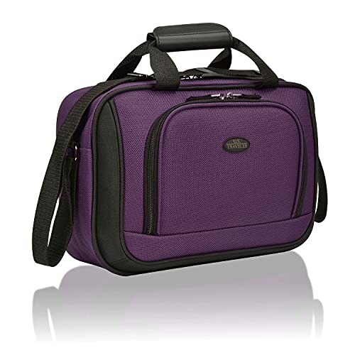 Purple travel bag with handle and shoulder strap