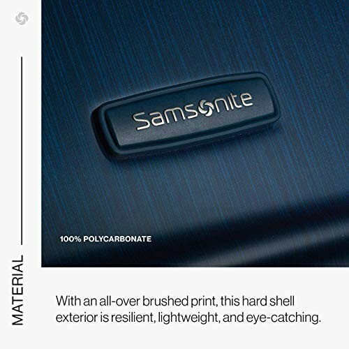 Close-up of Samsonite luggage with 100% polycarbonate material label.