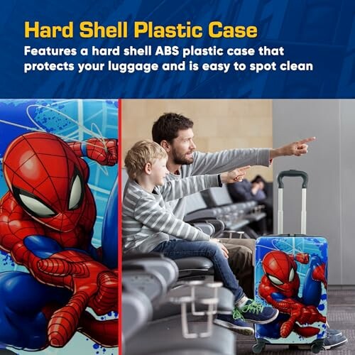 Father and son at airport with Spider-Man luggage case