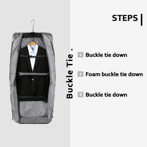 Suit in garment bag with buckle tie instructions.