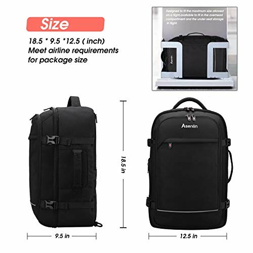 Dimensions of the black travel backpack showing size compatibility with airlines.