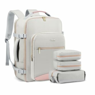 Grey travel backpack with three accessory pouches