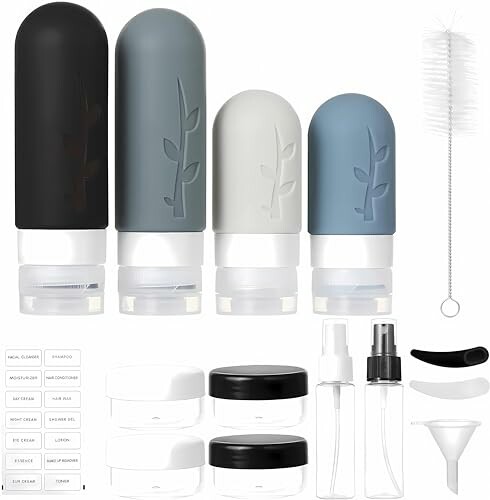 Set of travel toiletry containers with labels and cleaning brush.